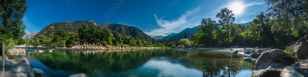 Wide-angle shot of the peaceful Azusa River with rippling reflections of green forests and blue skies, in 4K resolution Wide-angle shot of the peaceful Azusa River with rippling reflections of green forests and blue skies, in 4K resolution
