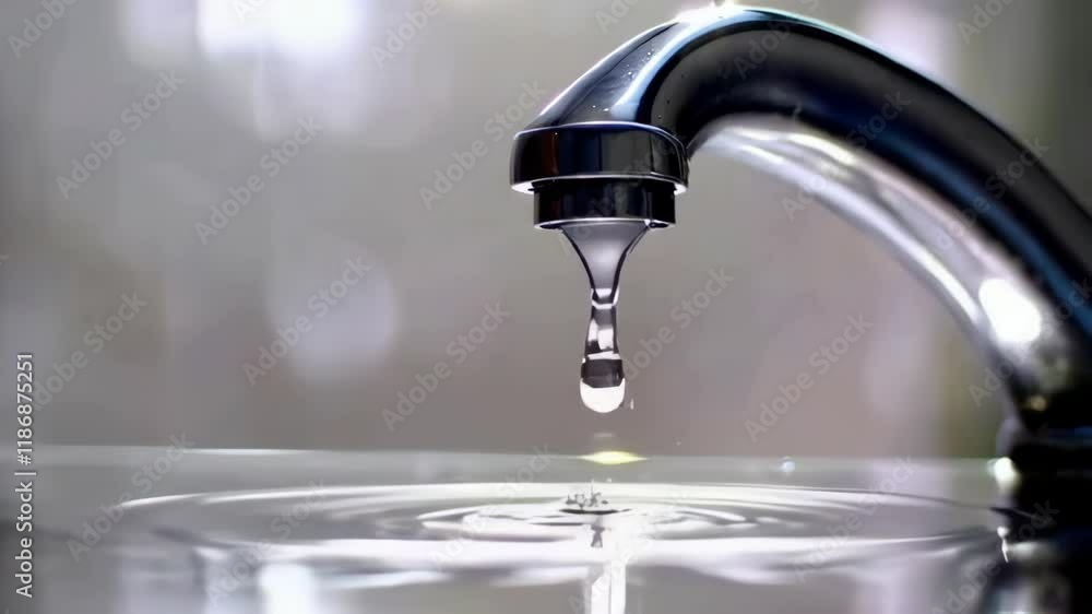 A close-up of a faucet dripping water into a calm surface, creating ripples. A close-up of a faucet dripping water into a calm surface, creating ripples.