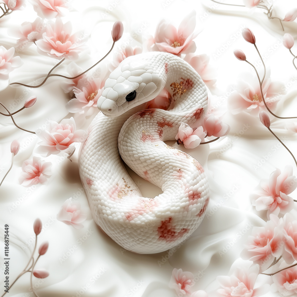 Fototapeta premium 2025 year of the Snake, Snake, Seollal, Beautiful and Elegant white Snake, with red flowers, for Korean LUNAR NEW YEAR, Chinese New Year 
