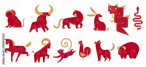  Set Trendy Chinese new year horoscope abstract red and gold geometric animals flat simple minimalist local style. Chinese zodiac calendar logo, Asian lunar astrological signs