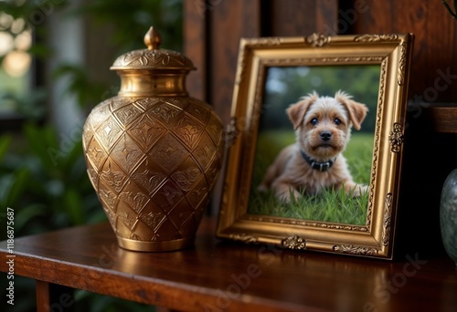 Golden memorial urn for deceased dog, photo of puppy, framed with decorative elements.memorial tribute, pet loss, funeral, remembrance.Loyalty. Love. Memorializing the Companion. Cherished Memories. photo