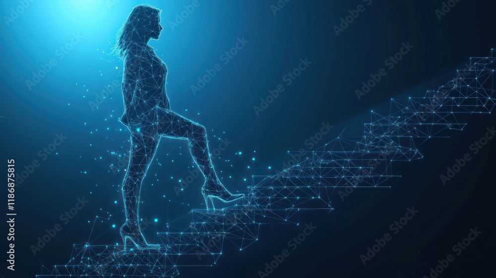 Woman ascending a digital staircase, representing career growth and success. Woman ascending a digital staircase, representing career growth and success.