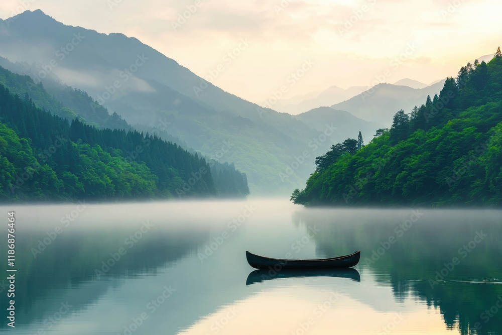 Serene Misty Lake at Dawn with Canoe and Lush Green Mountains Serene Misty Lake at Dawn with Canoe and Lush Green Mountains