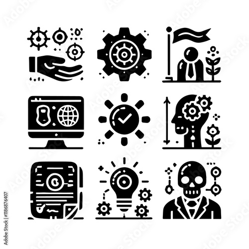 MobileThis image shows a grid of nine small, black vector icons on a white background. The icons are part of a larger collection, and appear to be related to various business, design,