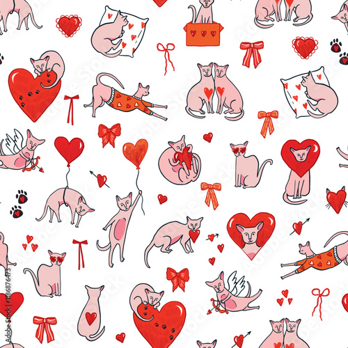 Valentine's day sphinx cats and hearts illustrations seamless pattern.