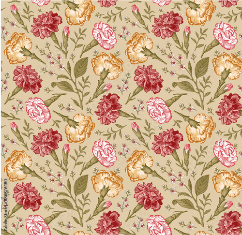 Seamless pattern. Beautiful pink blooming realistic isolated flowers. Vintage background. Set Carnation Roses wildflowers. Wallpaper. Drawing engraving. Vector victorian Illustration