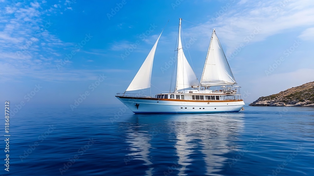 Fototapeta premium Majestic Sailboat with White Sails on a Clear Blue Sea Adventure : Generative AI
