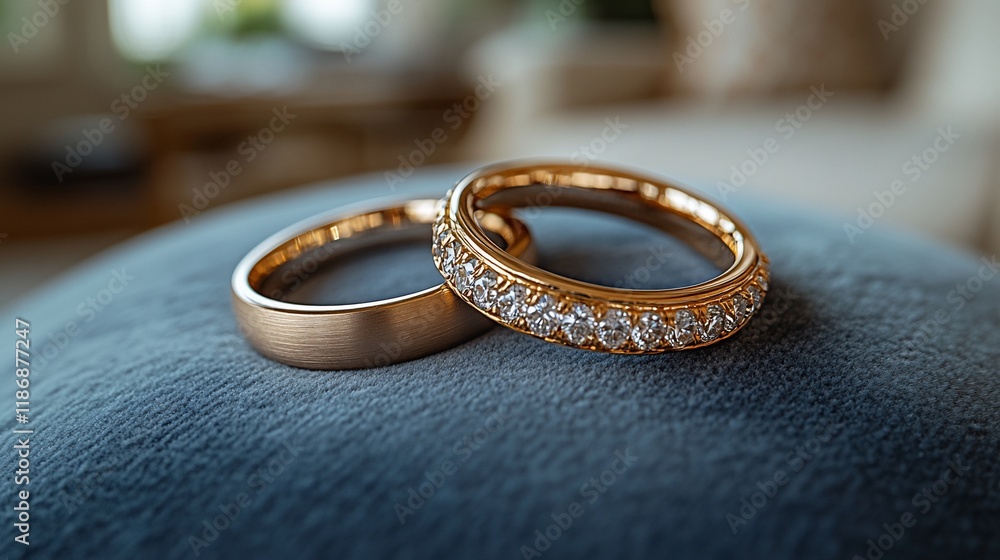 Two Gold Wedding Rings Resting On Blue Velvet