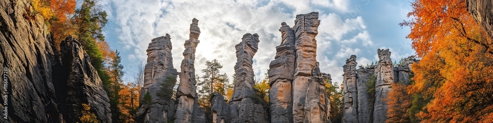 Wide-angle shot of the sandstone pillars covered in autumn foliage, with soft clouds floating between their rugged formations, in 4K resolution Wide-angle shot of the sandstone pillars covered in autumn foliage, with soft clouds floating between their rugged formations, in 4K resolution