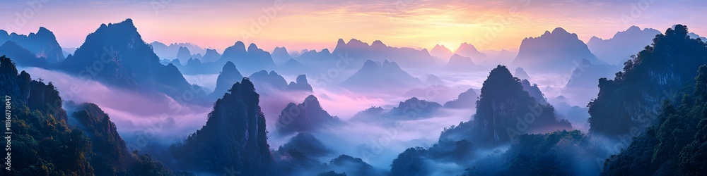 Panoramic view of the sandstone peaks glowing under the soft hues of sunset, with swirling mist and vibrant vegetation creating depth, in 4K resolution Panoramic view of the sandstone peaks glowing under the soft hues of sunset, with swirling mist and vibrant vegetation creating depth, in 4K resolution