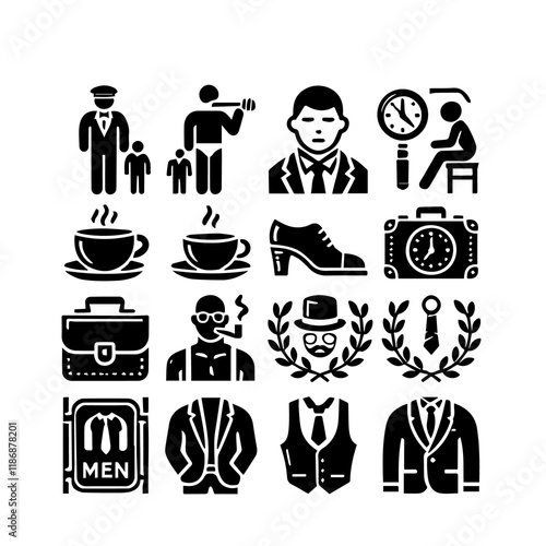 MobileThis image shows 16 black icons, all related to men's fashion and business. Icons include figures, clothing, accessories, and  photo