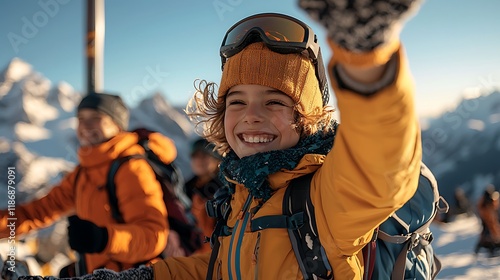 Joyful Group of Hikers Celebrating on a Snowy Mountain Summit with Stunning Views photo