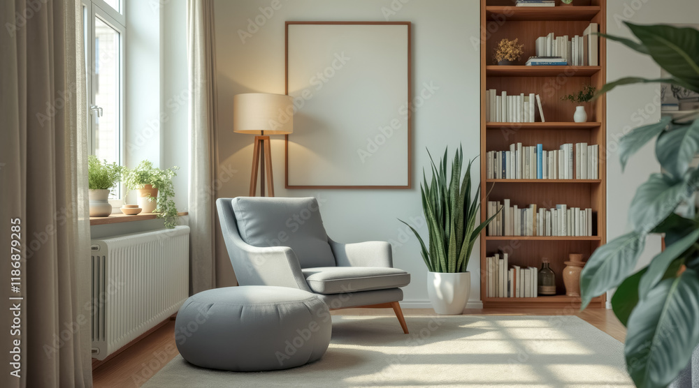 Fototapeta premium serene living room corner with gray armchair ottoman