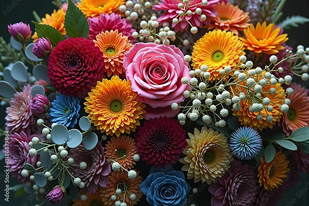 Naklejka premium Vivid and Colorful Mixed Flower Bouquet Still Life with Elegant Floral Arrangement and Fresh Blooms