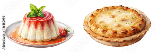 Delicious dessert illustrations, creamy panna cotta, golden pie crust, vibrant colors, artistic food photography.