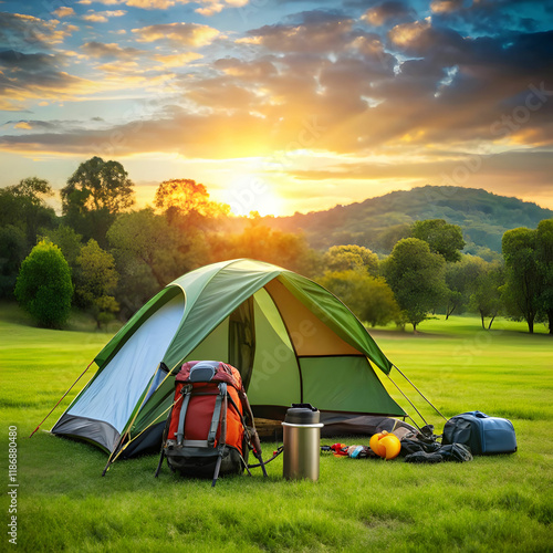 camping place with tent backpack and other equipm photo