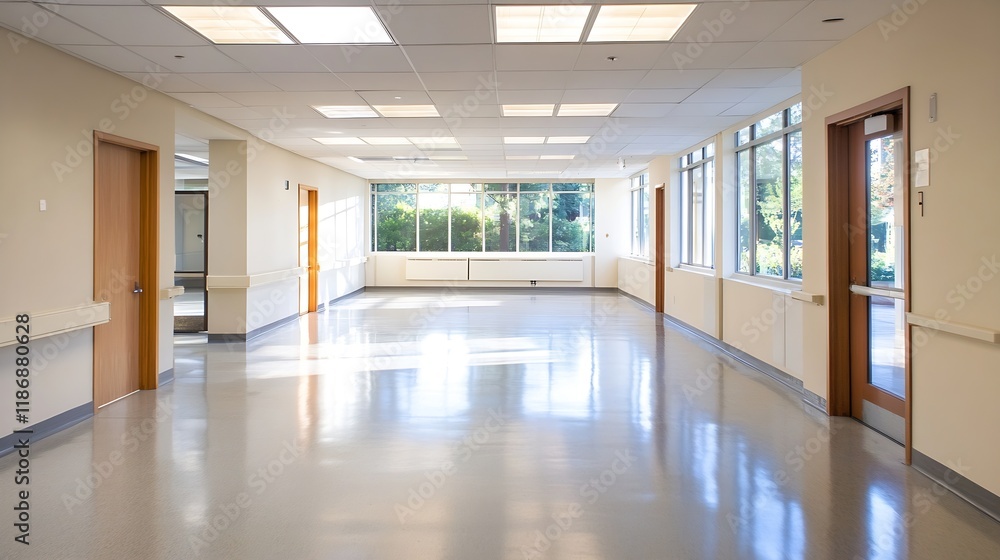 Interior view of a bright empty corridor with shiny flooring and sunlight streaming through windows : Generative AI Interior view of a bright empty corridor with shiny flooring and sunlight streaming through windows : Generative AI