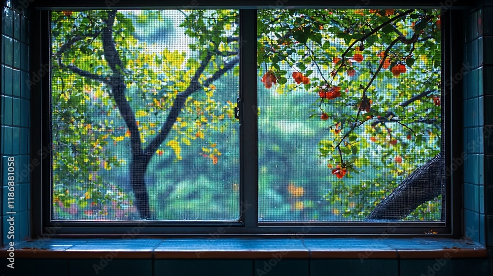 Rainy autumn day view through window with tree branches and colorful leaves. Rainy autumn day view through window with tree branches and colorful leaves.