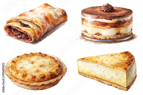 Delicious dessert illustrations, colorful pastry art, mouthwatering cake designs, gourmet food presentation, tempting sweet treats.