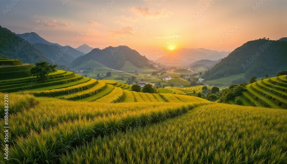 Fototapeta premium Tea plantations landscape with terraced fields and sunset over mountains.eco-tourism promotion, landscape photography, travel brochure design.Harmony. Nature. Tranquil connection with the earth. 