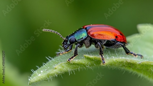 Wallpaper Mural Shiny Rainbow Beetle on Fuzzy Green Leaf in Natural Habitat : Generative AI Torontodigital.ca