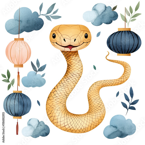 Cheerful Snake Surrounded by Lanterns and Clouds photo