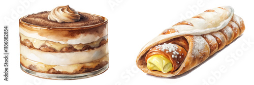Delicious dessert illustrations, creamy tiramisu layers, flaky pastry rolls, watercolor style, food art, culinary delight.