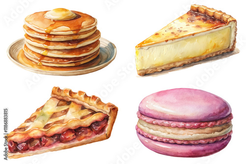 Delicious dessert illustrations, watercolor style, pancakes with syrup, cheesecake slice, cherry pie, macarons.