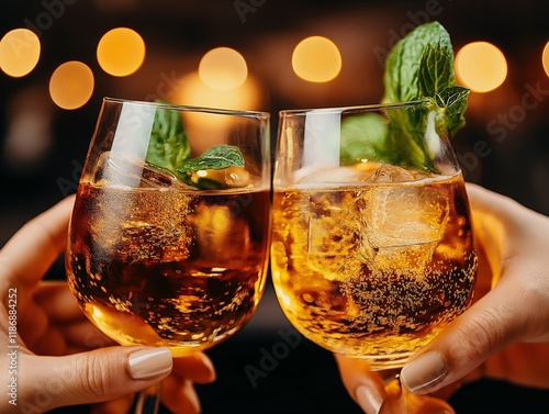 A close-up of two glasses filled with golden cocktails, garnished with mint leaves and ice, clinking together in a celebratory atmosphere with warm bokeh lighting photo