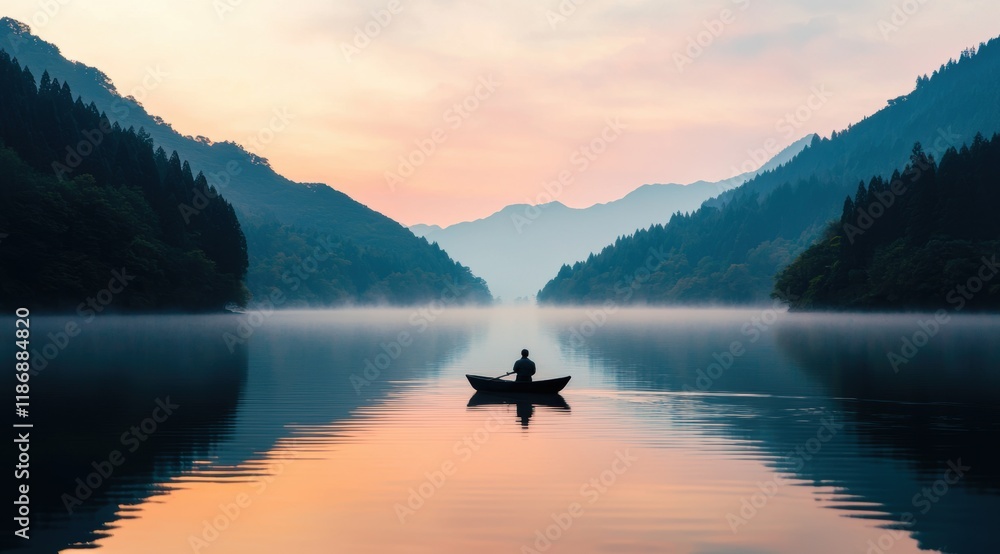 Fototapeta premium Tranquil Sunrise Over Misty Mountains and Serene Lake with Fisherman
