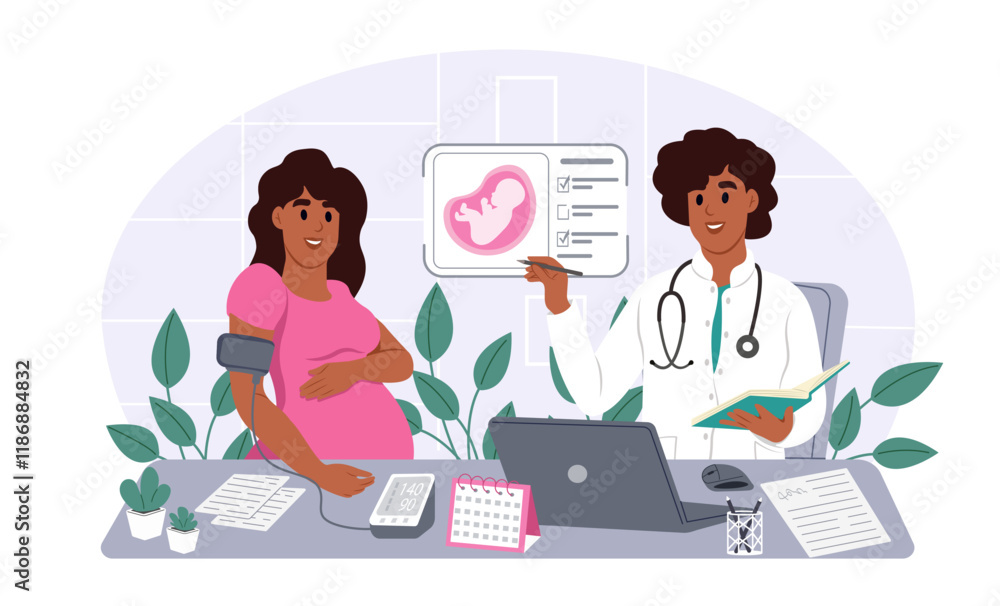 Preeclampsia awareness month. Pregnant woman measures blood pressure during a visit to the doctor. Vector illustration. Preeclampsia awareness month. Pregnant woman measures blood pressure during a visit to the doctor. Vector illustration.