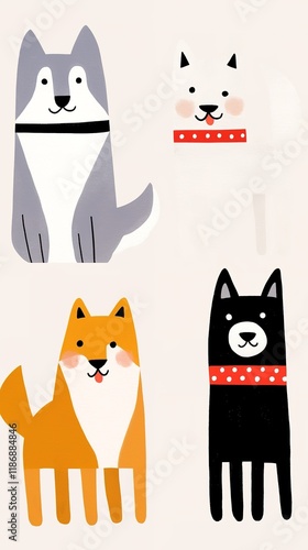 Cartoon-style illustration featuring four cute dogs in different colors and sizes, each wearing a collar, set against a light background.