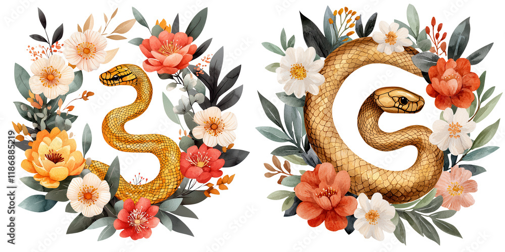 Obraz premium Elegant Snake in Delicate Floral Wreath 