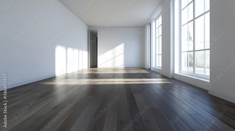 Fototapeta premium Bright Minimalist Empty Room with Hardwood Floors and Large Sunlit Windows : Generative AI