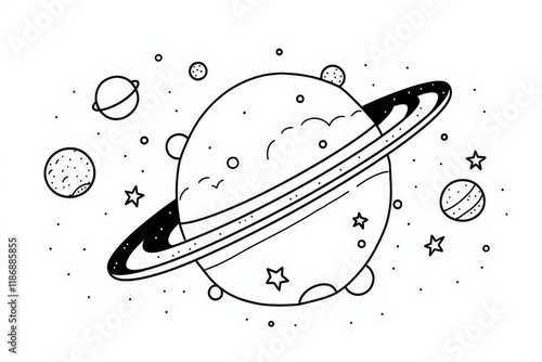 Fototapeta Naklejka Na Ścianę i Meble -  Simple black ink line drawing of a satellite in space with stars and planets, hand-drawn doodle, flat clip art style vector illustration for kids on a white background.