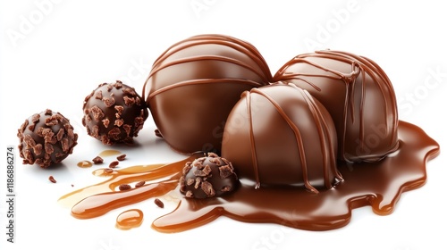 Gourmet milk chocolate truffles with caramel sauce.