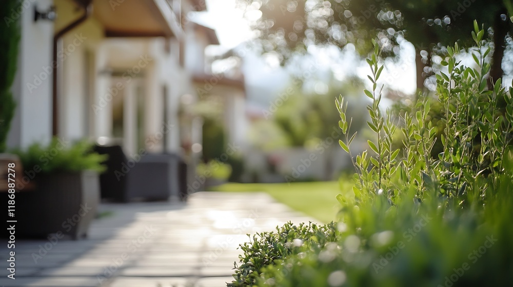 Obraz premium Serene Suburban Backyard with Green Landscaping in Soft Morning Sunlight : Generative AI