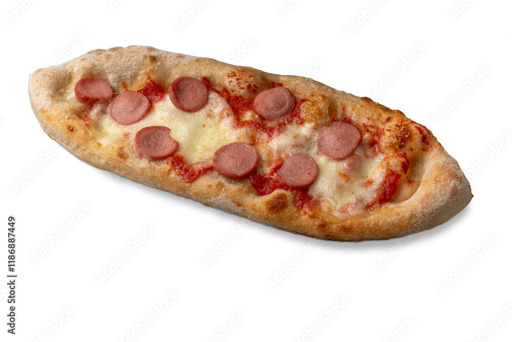 Pizza with tomato and cheese sauce and Würstel slices. Isolated on white with clipping path Pizza with tomato and cheese sauce and Würstel slices. Isolated on white with clipping path