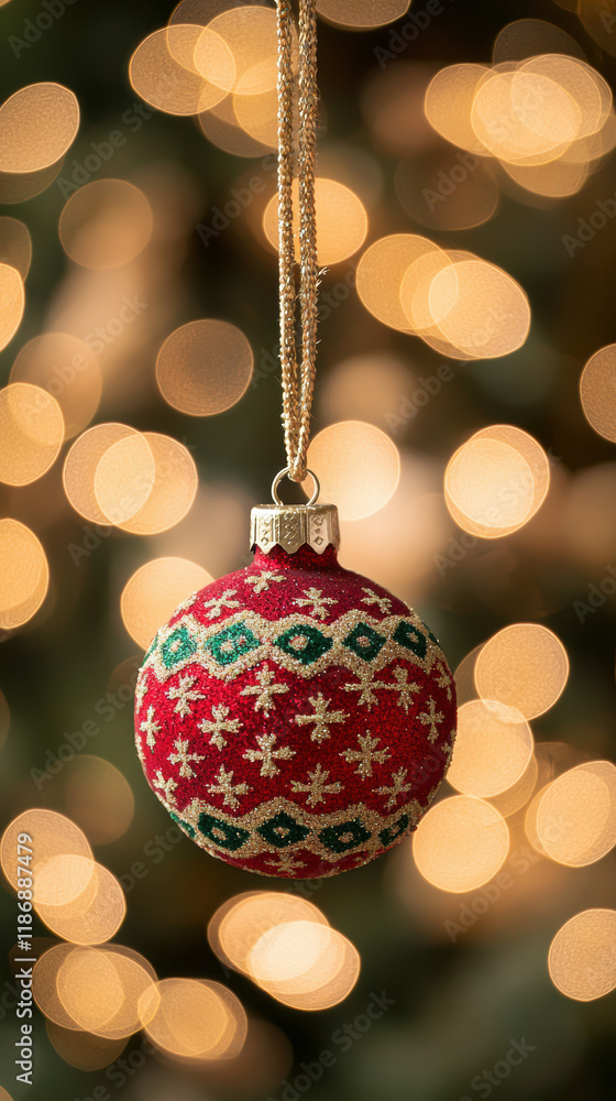 Classic red and green ornament hanging with festive lights Classic red and green ornament hanging with festive lights