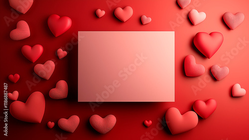 A bright festive image with a blank white card on a red background, decorated with many volumetric hearts. Ideal for creating greeting cards, invitations, blogs and social networks. photo