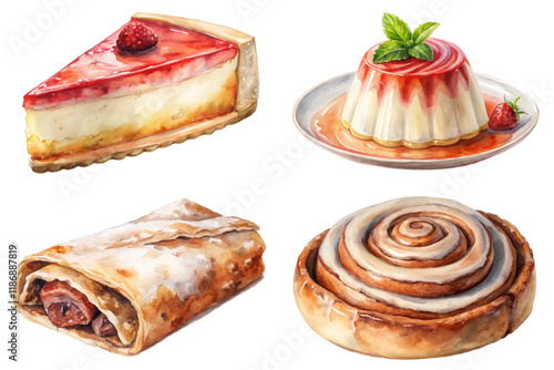 Delicious dessert selection, colorful pastries, watercolor style, sweet treats, gourmet desserts, artistic food presentation.