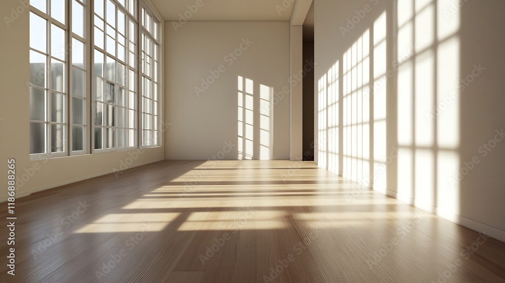 Sunlit Empty Room with Large Windows and Wooden Flooring Interior Design : Generative AI Sunlit Empty Room with Large Windows and Wooden Flooring Interior Design : Generative AI