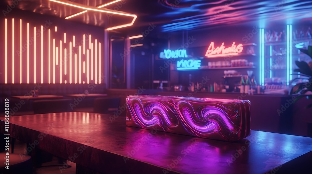 A futuristic chocolate bar with glowing swirls served in a neon-lit café A futuristic chocolate bar with glowing swirls served in a neon-lit café