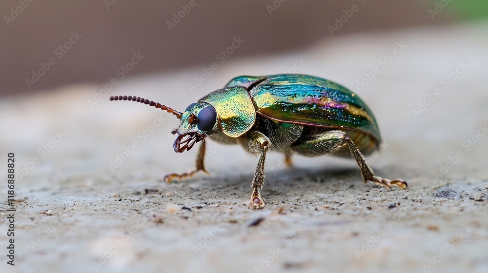 Fototapeta premium Vibrant Metallic Insect On Rock Surface Showcasing Nature's Intricate Beauty : Generative AI