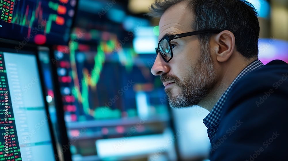 Serious businessman analyzing stock market trends on multiple monitors : Generative AI Serious businessman analyzing stock market trends on multiple monitors : Generative AI