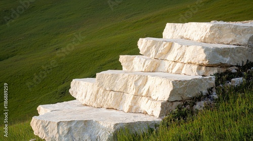 Stones forming a natural pathway in green hills. photo