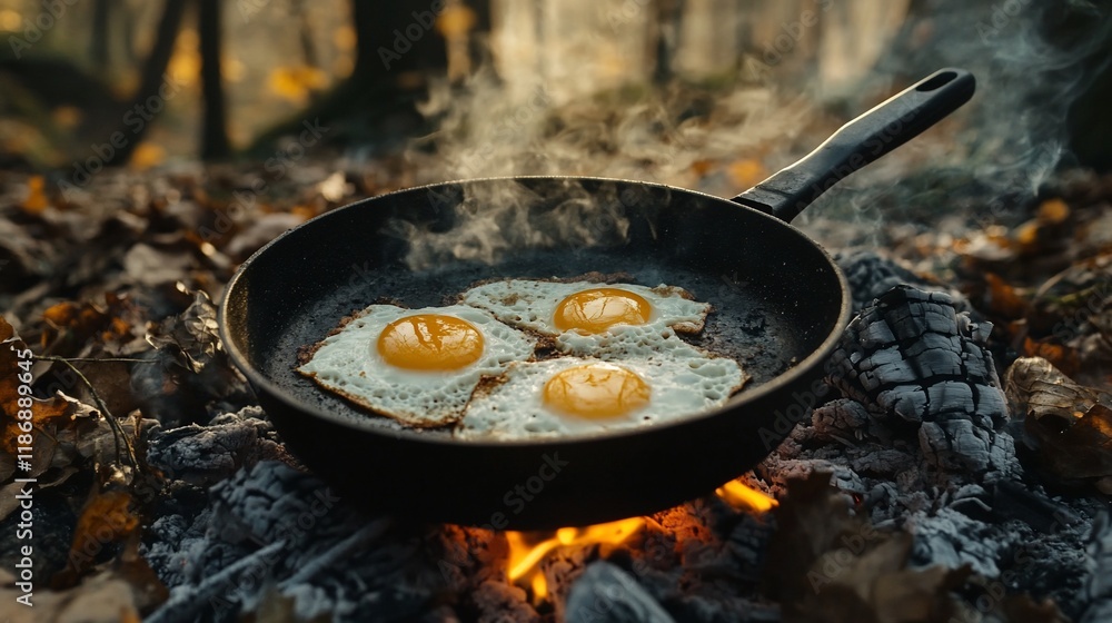 Three fried eggs sizzling in a cast iron skillet over an open fire in an autumnal forest. Three fried eggs sizzling in a cast iron skillet over an open fire in an autumnal forest.