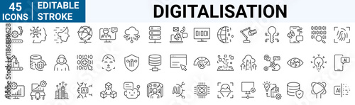 Digitalisation web icons. Digital technology icons such as cloud computing, artificial intelligence, mobile payment, coding, chip, vr glasses, innovation, network.