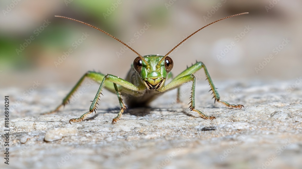 Closeup macro view of a green grasshopper on natural rock surface outdoors : Generative AI Closeup macro view of a green grasshopper on natural rock surface outdoors : Generative AI