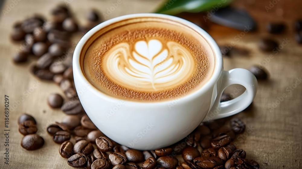 Fototapeta premium Artistic Coffee Latte with Beautiful Heart Shaped Foam Art Surrounded by Beans : Generative AI